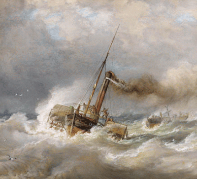 Item #1212 A Tug Saving a Dismasted Fishing Smack at the Edge of the Scroby Sands, Yarmouth. Oswald Brierly.