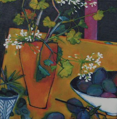 Item #1236 Plums and Olives on Yellow Table 2008. Juliana Hilton.
