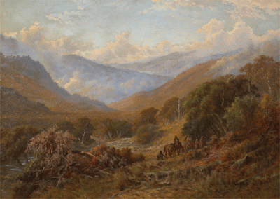 Item #192 Settlers on Horseback with Aboriginal Trackers in the Ranges 1894. James Waltham Curtis.