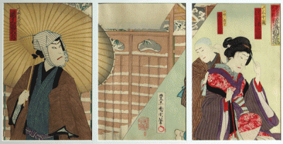 Item #2045 Lover in the Snow 1890 triptych. Kunichika.