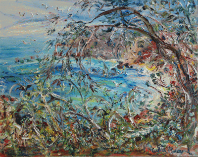 Item #2089 Leaning Tree over the Cliff with Wild Flowers and Seagulls 2009. Celia Perceval.