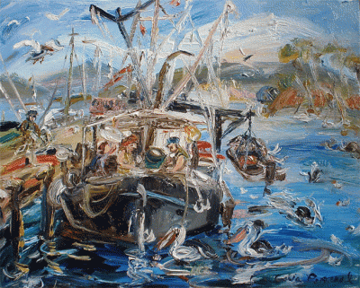 Item #2093 Eden Wharf with Suspended Boat and Pelicans 2010. Celia Perceval.