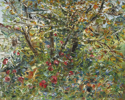 Item #2098 Wattlebirds in the Flowering Silky Oak with Roses and Periwinkles. Celia Perceval.