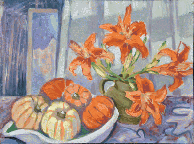 Item #2118 Still Life with Pumpkins and Lilies. Nada Hunter.