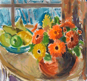 Item #2121 Still Life with Marigolds and a Bowl of Pears. Nada Hunter.