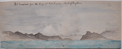 Item #2434 Mt Sarmiento from Port Famine, Straits of Magellan. Oswald Brierly.