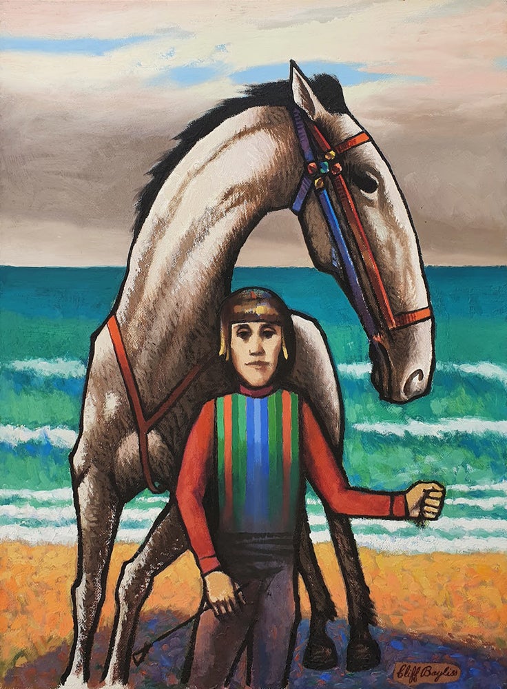 Item #2699 Horse and jockey by the sea. Clifford Bayliss.