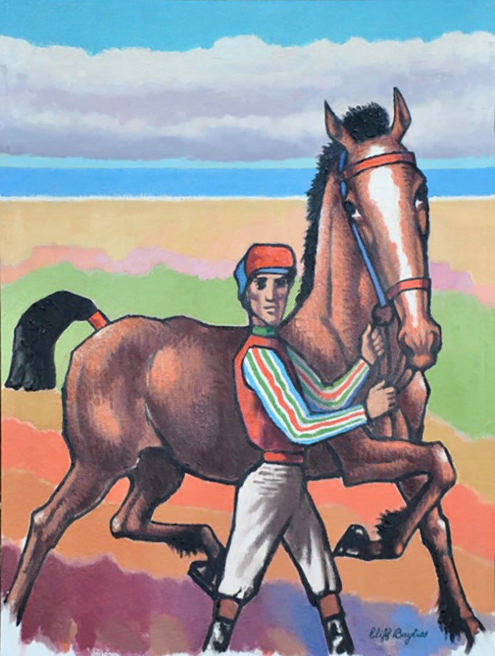 Item #2709 Jockey with horse prancing by the sea. Clifford Bayliss.
