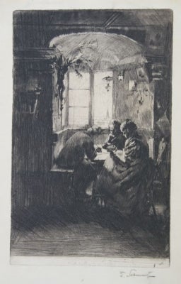 Item #2839 Interior with Women Knitting & Writing c1890s. Ferdinand Schmutzer.