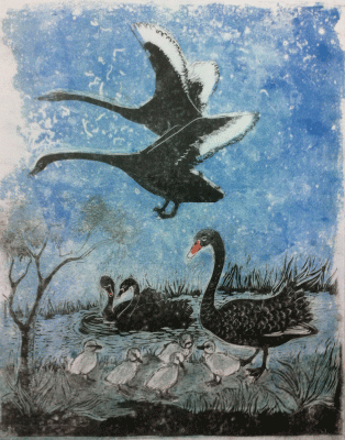 Item #3780 Black Swans with Cygnets. Joyce Meier.