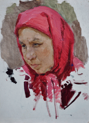 Item #4006 Woman in Red Headscarf 1962. Boris Nikolaevich Kuznetsov.