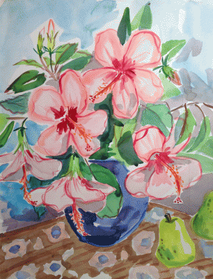 Item #4069 Still Life with Hibiscus and Pears. Nada Hunter