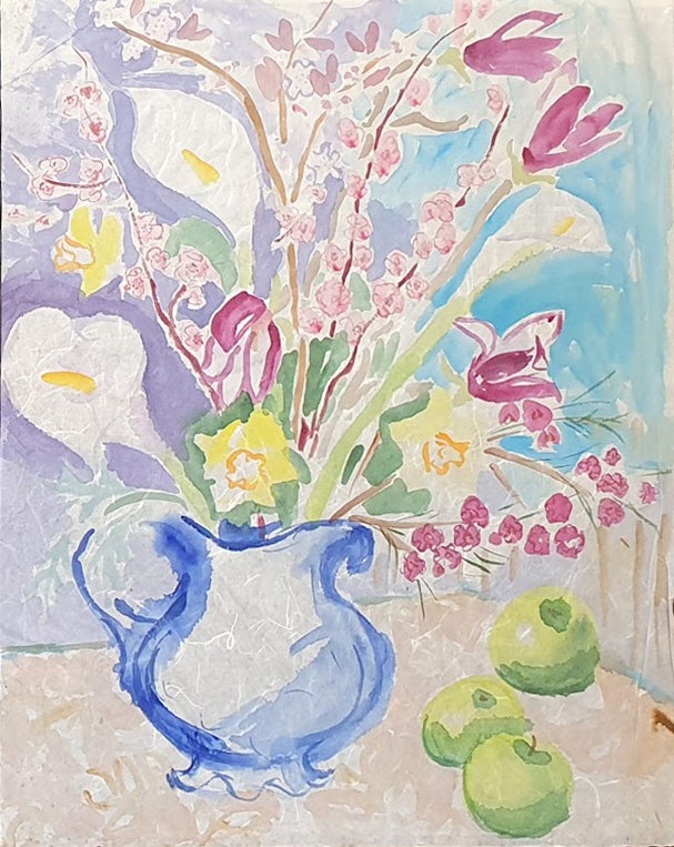 Item #4073 Still Life with Plum Blossom, Lilies, Magnolia, Daffodils and Apples. Nada Hunter.