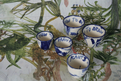 Item #4111 Unique set of five cups, from the series How to Draw Plants. Kylie Elkington.