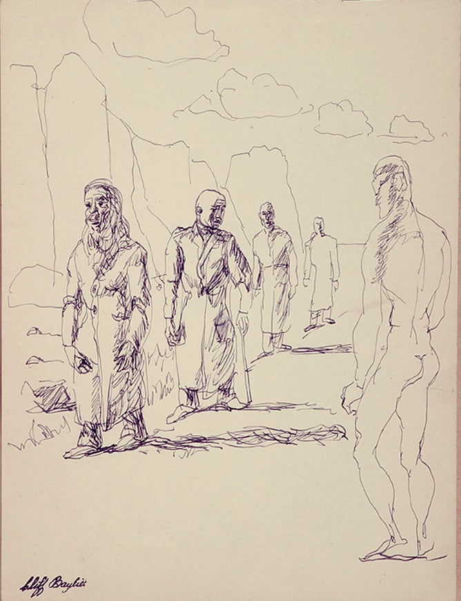 Item #43 Four Men in Coats with Nude Male c1945. Clifford Bayliss.