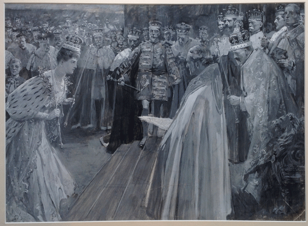 Item #4394 After the Queens Coronation; Her Majesty Bowing to the King 1902. William T. Maud.