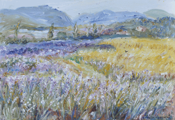 Item #4466 Yellow Fields With Black Birds By The lavender, in the Valley Below Sault, Provence 2016. Celia Perceval.