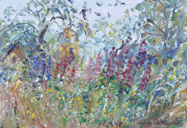Item #4467 Black Birds Chasing the Eagle Out of the Elms Above the Lupins, Wild Grasses and Dandelions, The Rodd, UK. Celia Perceval.