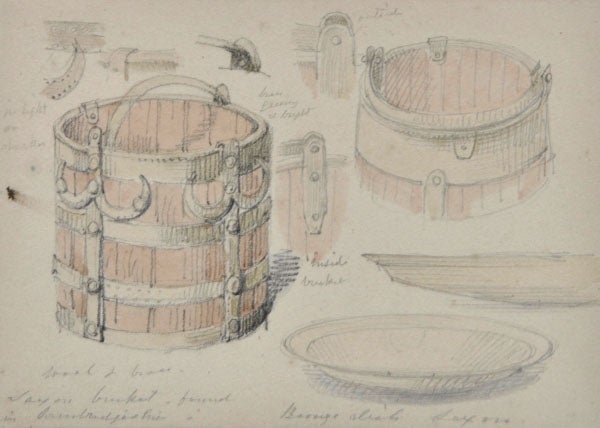 Item #4500 Saxon Bucket & Bronze Dish, British Museum. William Strutt.