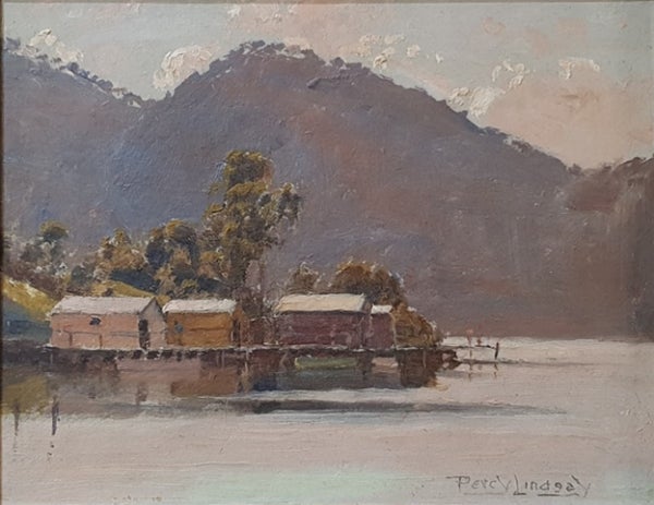 Item #4763 Boathouses on the Hawkesbury. Percy Lindsay.