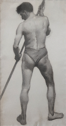 Item #5470 National Gallery School Life Study Male Model holding a Stick c1922. Jean Sutherland