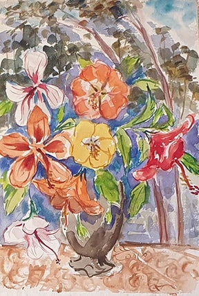 Item #5638 Hibiscus in Brown Vase. Nada Hunter