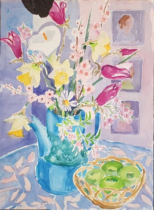 Item #5642 Lilies, Daffodils and Magnolias in Blue Jug. Nada Hunter