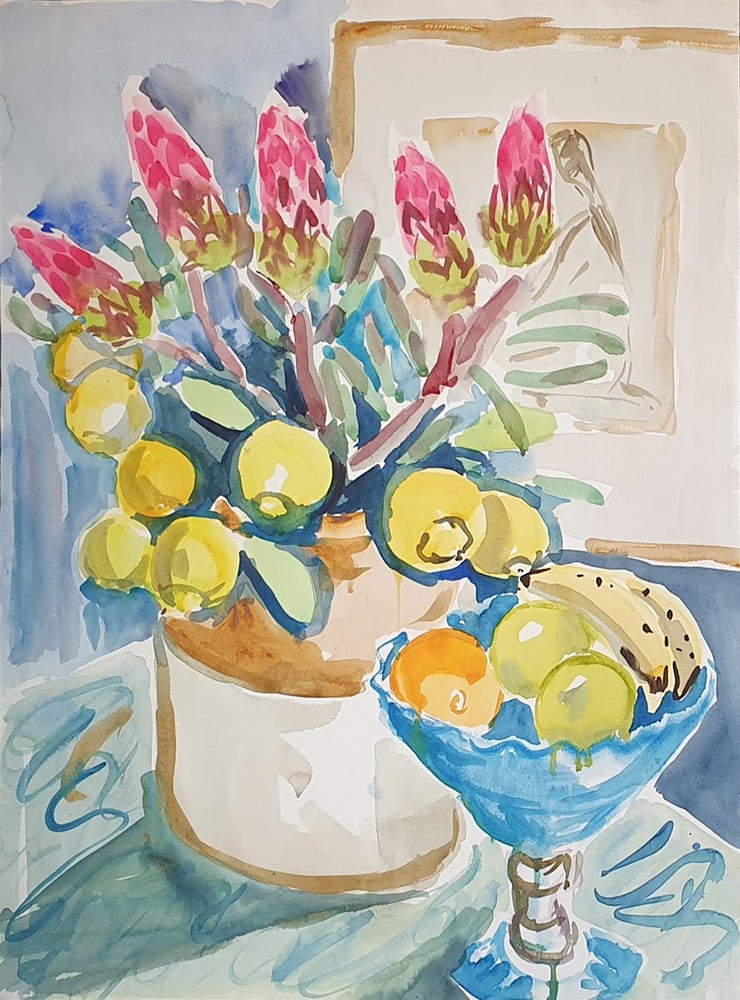 Item #5651 Proteas and Lemons in Stone Jug with Fruit. Nada Hunter.