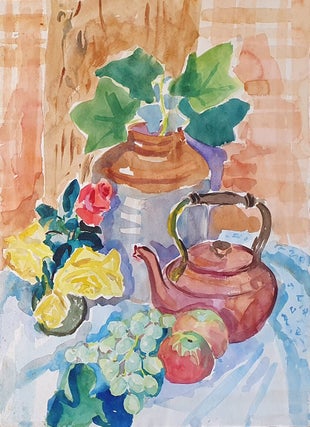 Item #5655 Stone Jug, Fruit and Kettle. Nada Hunter
