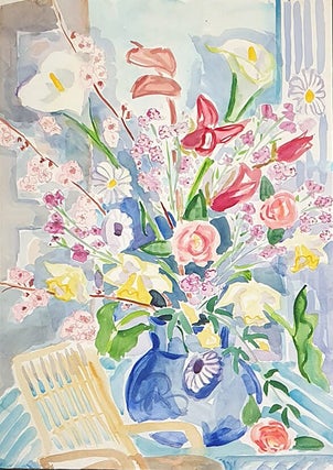 Item #5657 Mixed Bunch in Blue Vase. Nada Hunter
