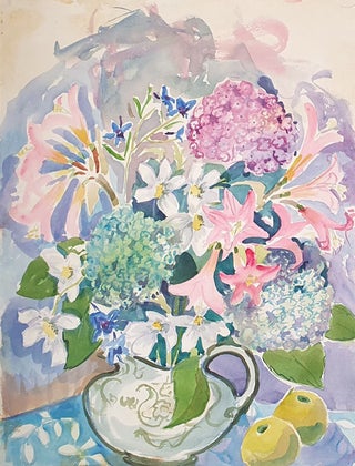 Item #5659 Still life with Hydrangeas in White Jug. Nada Hunter