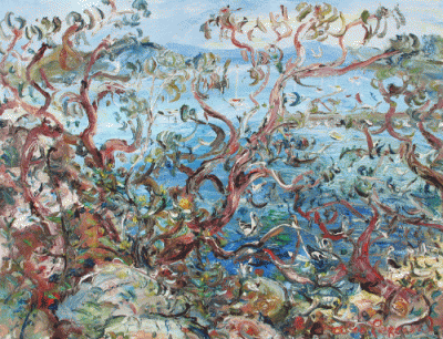 Item #579 Apple Gums above the Bay with Boats and Pelicans. Celia Perceval.