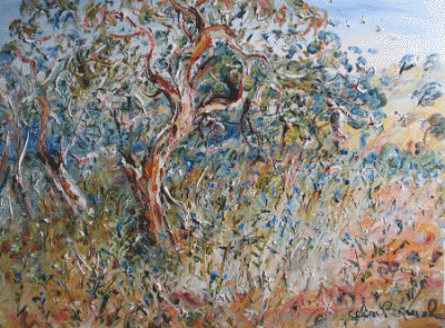 Item #583 Old Tree, Galahs and Blue Flowers, Mowbray Creek Bed, S. A. Celia Perceval.