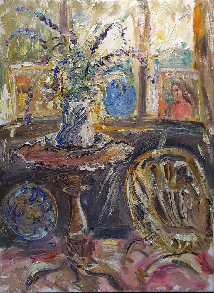 Item #5882 Interior, Gauguin Book and Flowers. Celia Perceval.