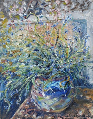 Item #5890 Still Life, Blue Flowers in Bowl. Celia Perceval