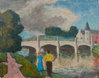 Item #6817 Landscape with Figures and Bridge 1954. Roland Wakelin