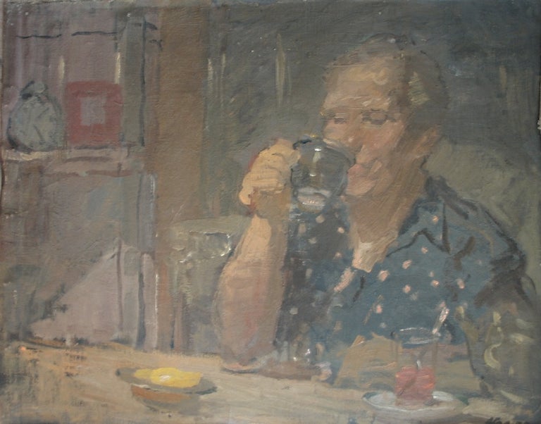 Item #713 Mother Drinking Tea 1950. Anatoli Golovastov.